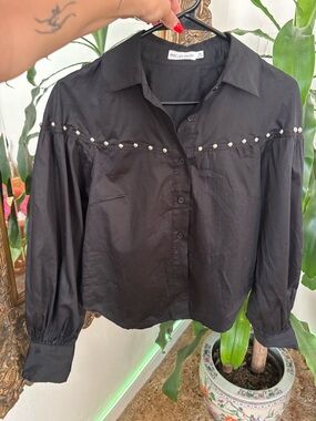 New Avec Les Filles Studded Black Button-Down Shirt size XS